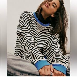 We The Free Black and White Striped Sweatshirt with Blue Accents
